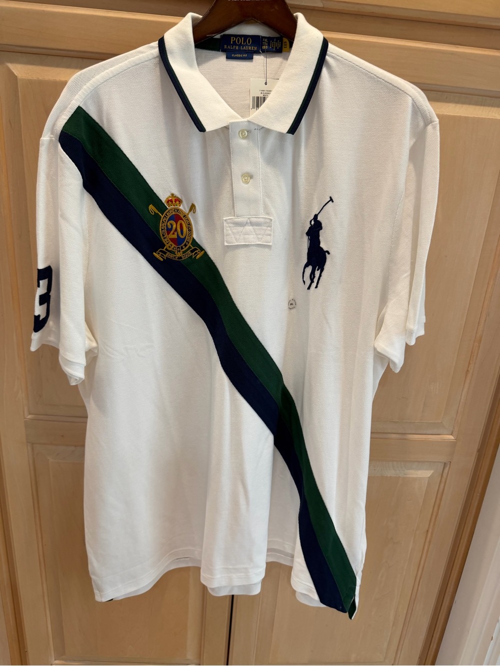 Polo Ralph Lauren White Polo w/ Green & Navy Diagonal Sash  & Crest XXL